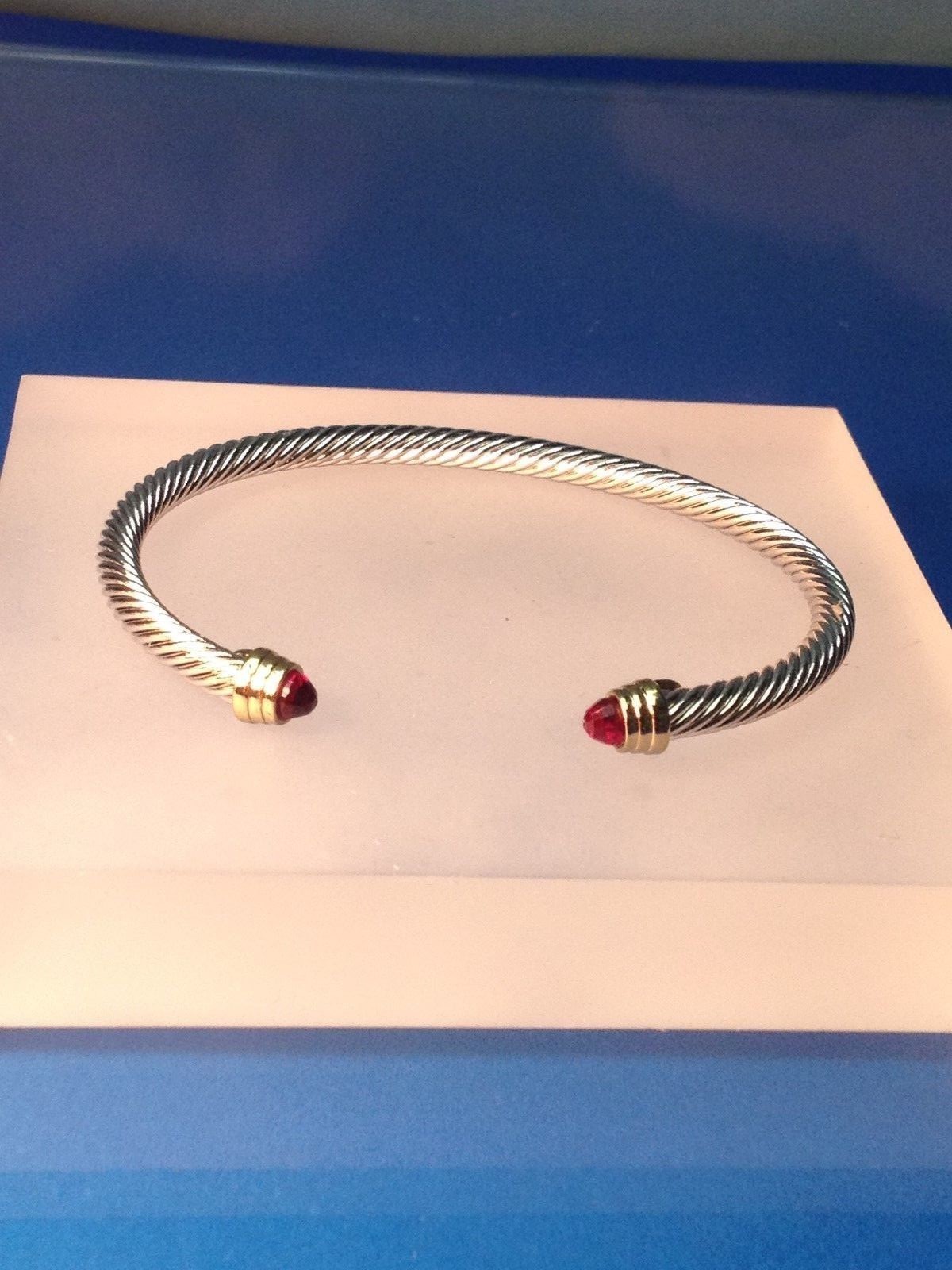 DARK RED GEMSTONE BEAUTIFUL SILVER & GOLD FINISH WOMEN OPEN CUFF BANGLE BRACELET
