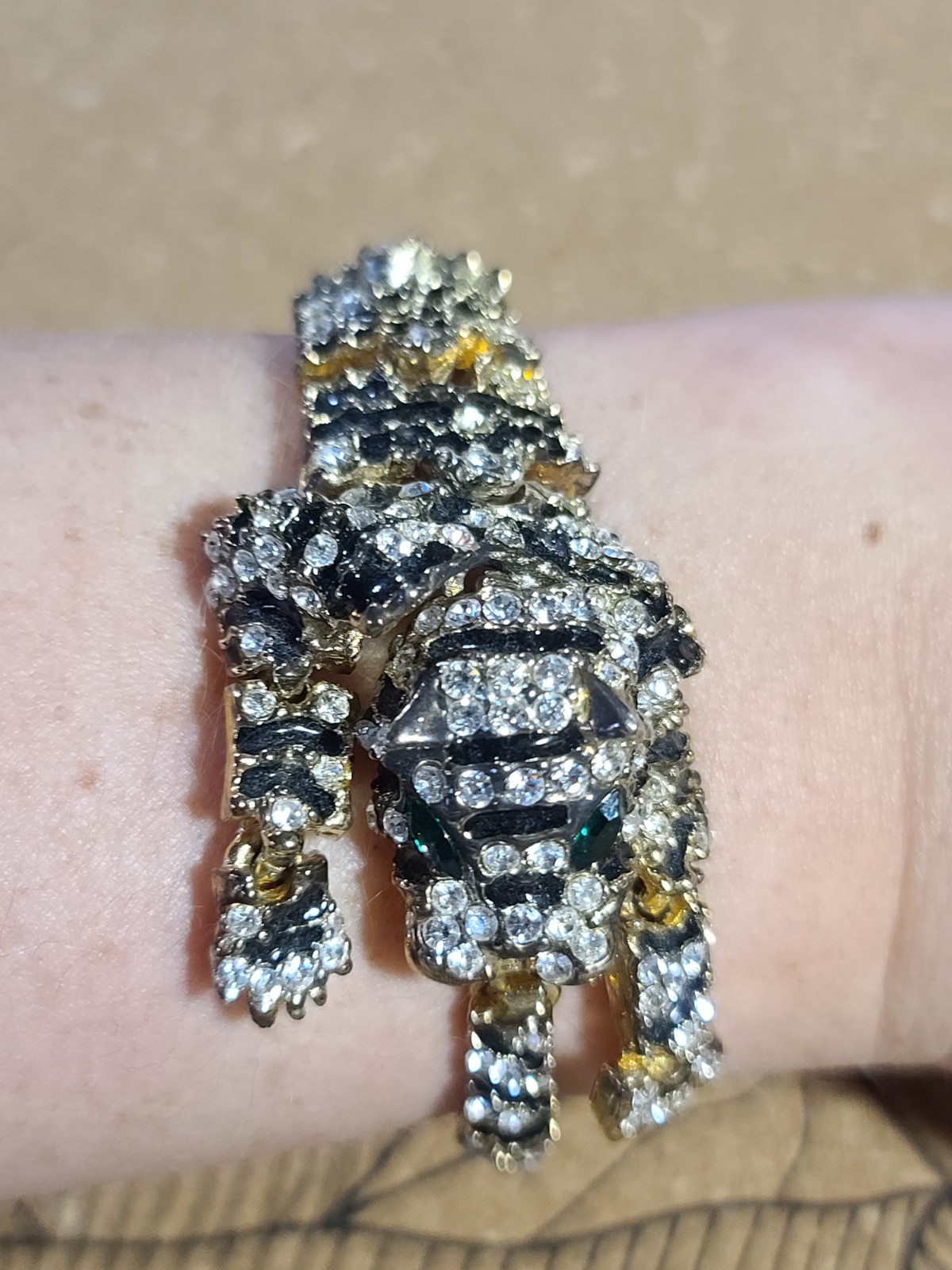 Vtg Articulated Pave Rhinestone Tiger Big Cat Bangle Brooch Green Eye 1980s