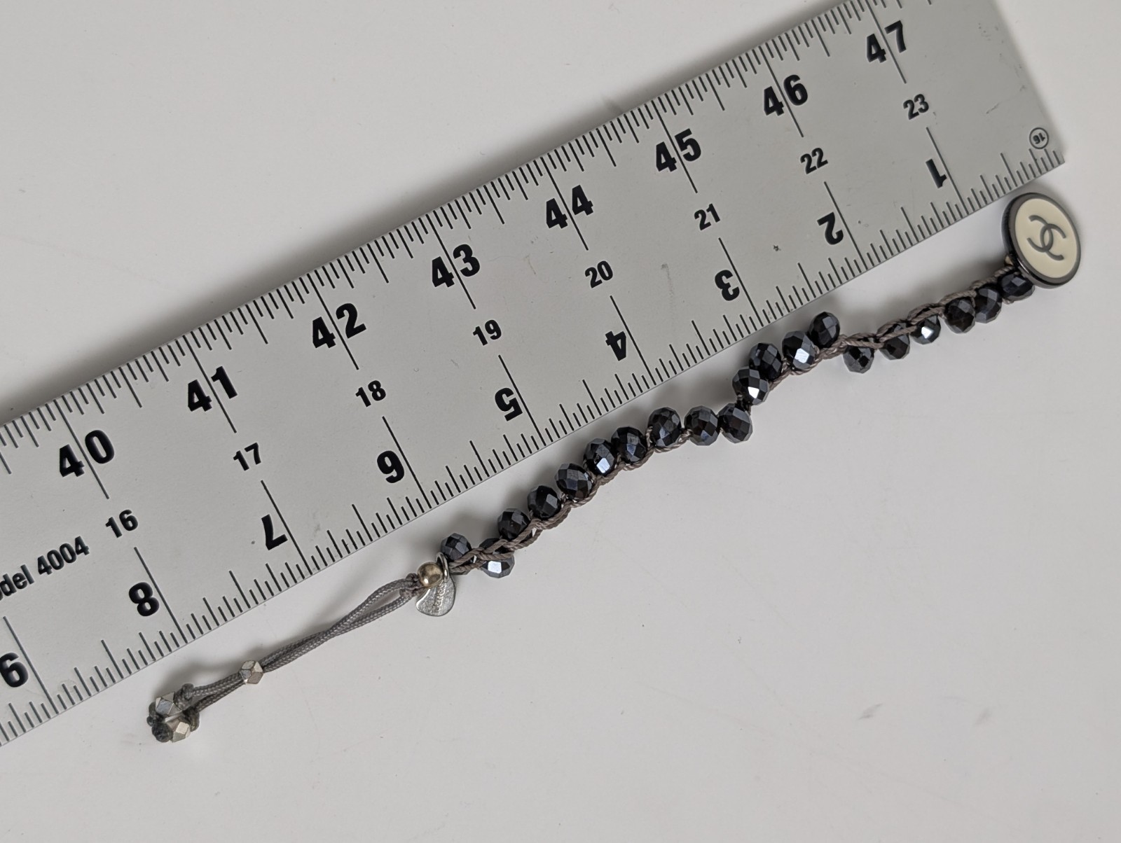 Chanel Button Logo Beaded Cord Bracelet Hematite Tone Gray IJewels Charm