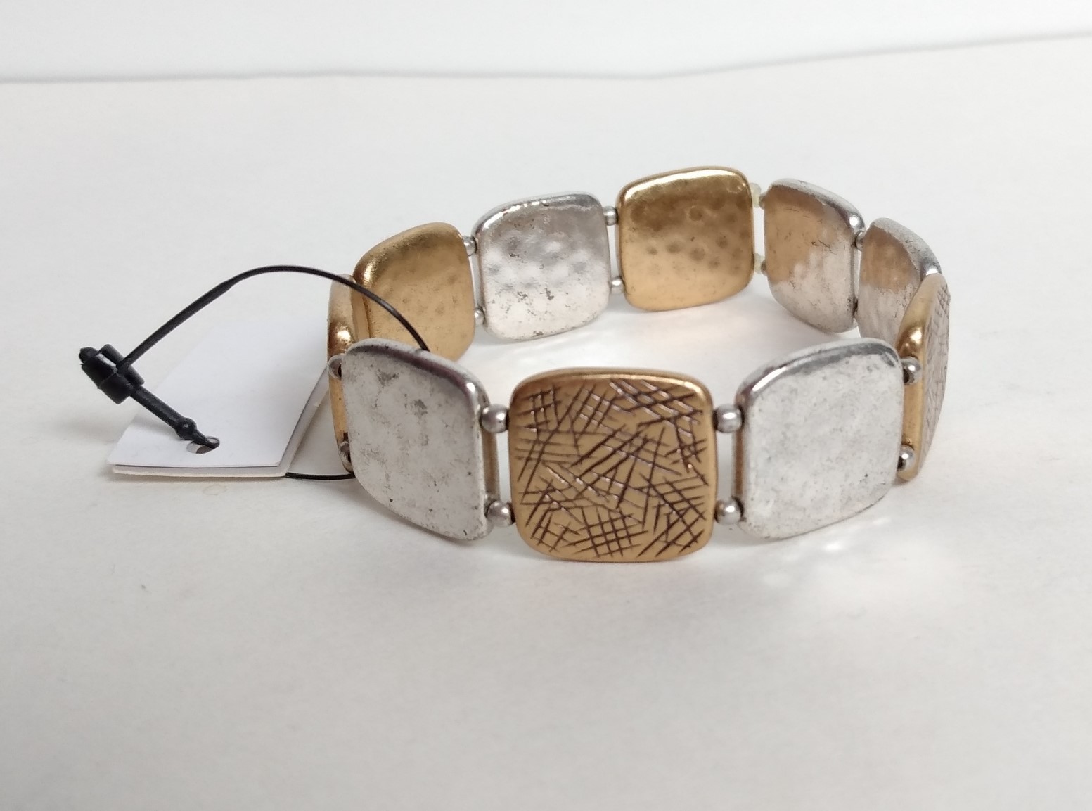 Chico’s Stella Silver Gold Tone Textured Squares Stretchy Bracelet New NWT