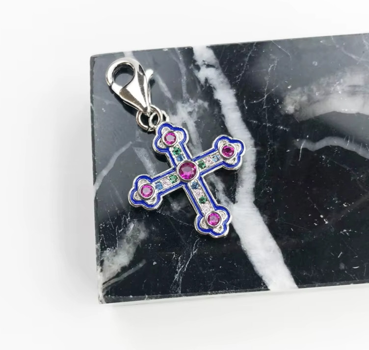 Pink Exquisite Cross Pendant Charm 925 Sterling Silver Lobster Lock