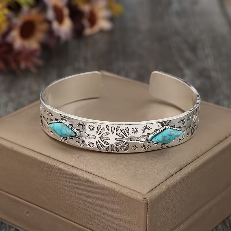 Boho 925 Sterling Silver Vintage Turquoise Tibetan Tibet Bracelet Bangle Cuff