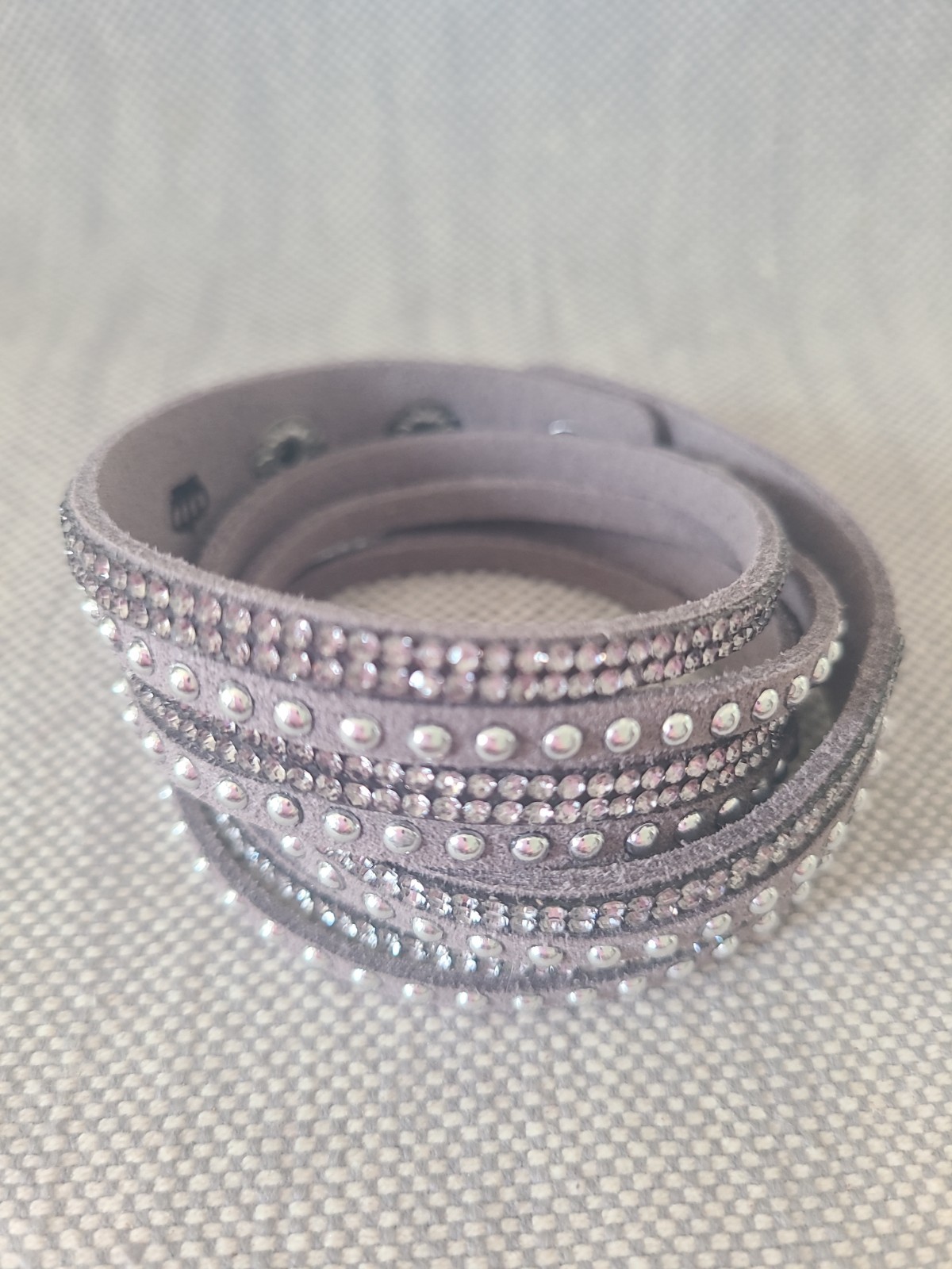 Double Wrap Slake Bracelet Crystal Metal Studs Studded Faux Suede Grey Silver