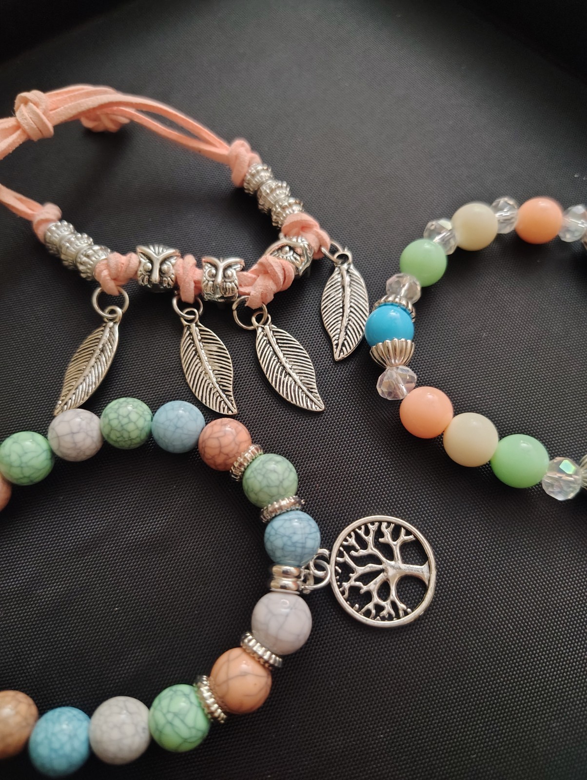 Multicolor Beaded Charm Bracelet Set Tree of Life Leaf Dangle Adjustable