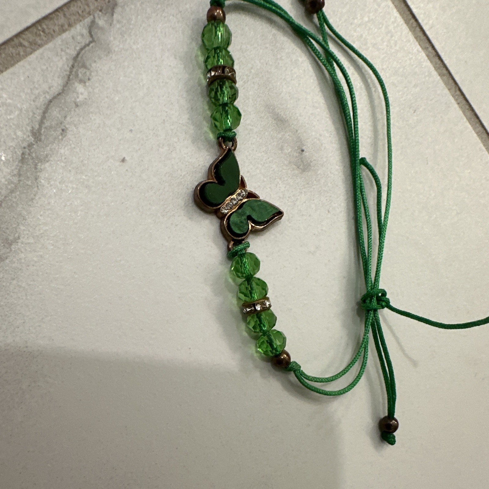 Green Cord & Beaded Adjustable Bracelet with Butterfly Dangle Charm
