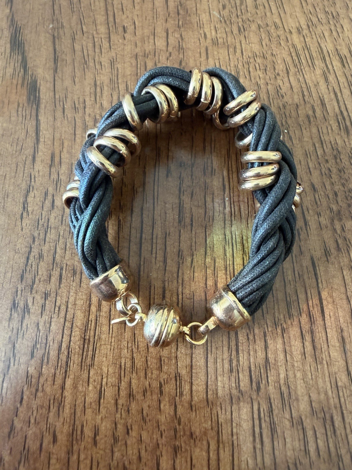Designer Signed MILOR Italy Bronze Gold Tone Brown Cord Bangle Bracelet 7.5”