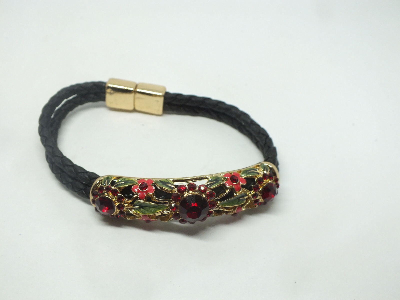 Beautiful Clasp Bracelet Gold Tone Magnetic Black Cord Red Rhinestones Enamel