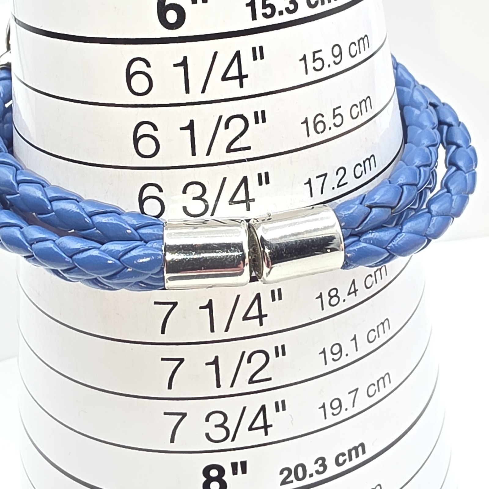 Bracelet Blue Braided Faux Leather Hammered Silver Tone Discs Magnetic 7″