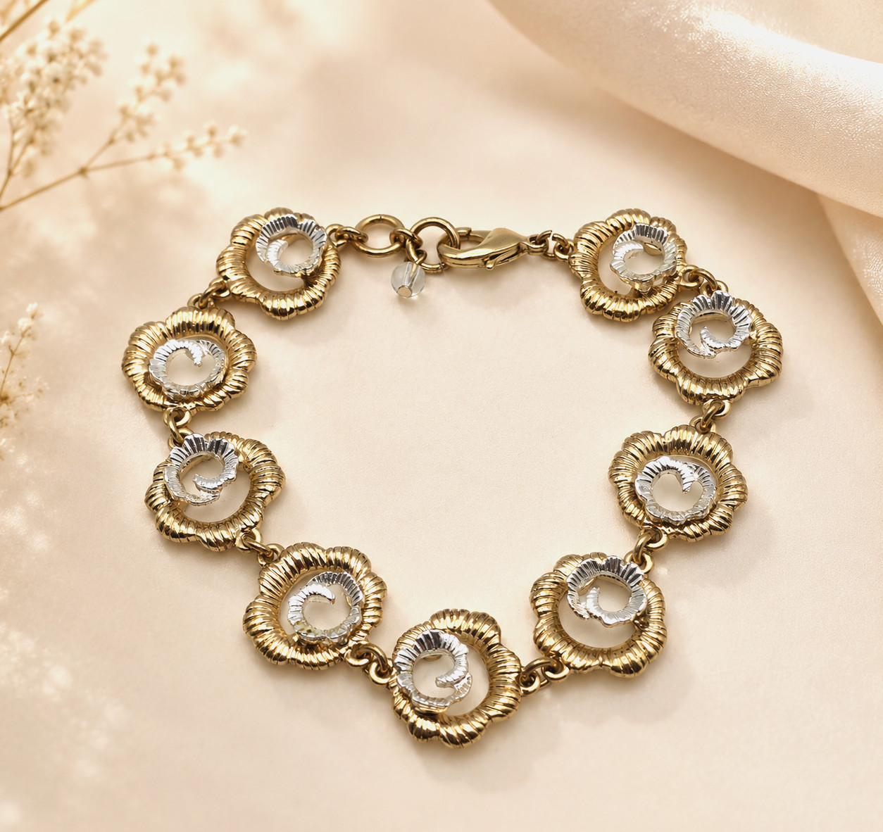 Gold Silver Tone Textured Swirl Openwork Link Bracelet Adjustable 7.5-8 in