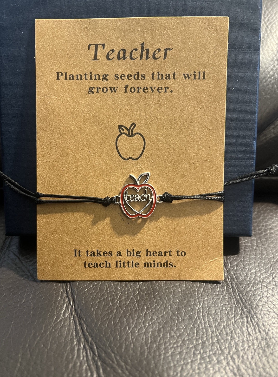 Teacher Apple Dangle Charm Bracelet Black Adjustable Cord Tie Enamel Metal