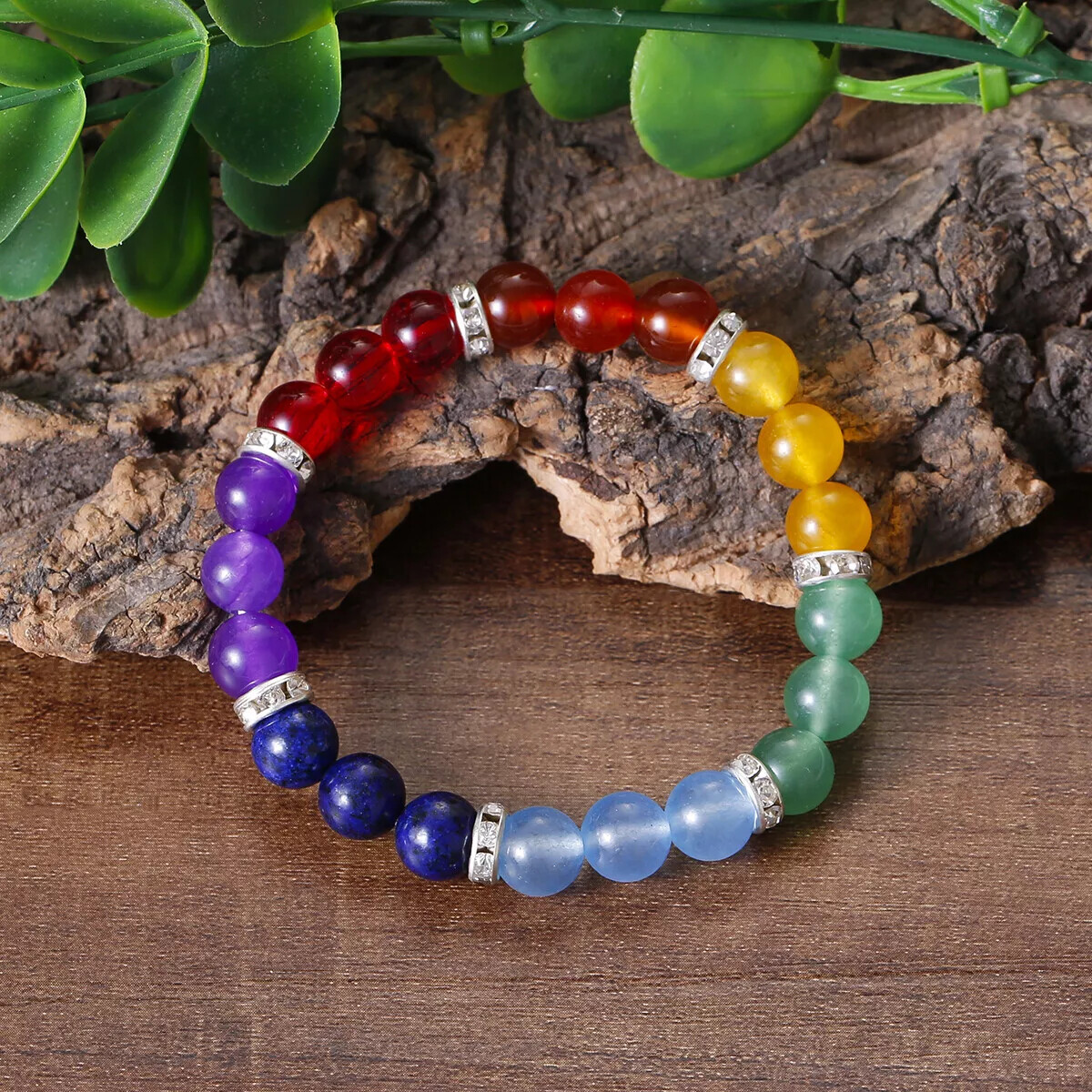 Rainbow 8mm Bead Gems 7 Chakra Bracelet Healing Crystal Meditation Yoga Jewelry