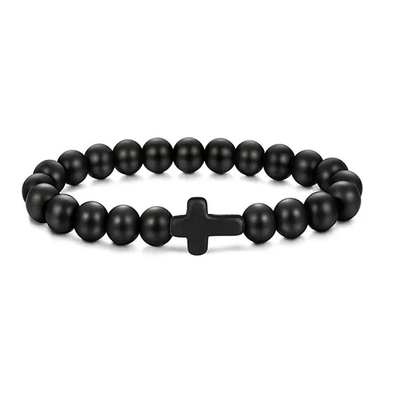 2025 6mm Hematite Jesus Cross Bracelet Men Natural Africa Stone Beaded Bracelets
