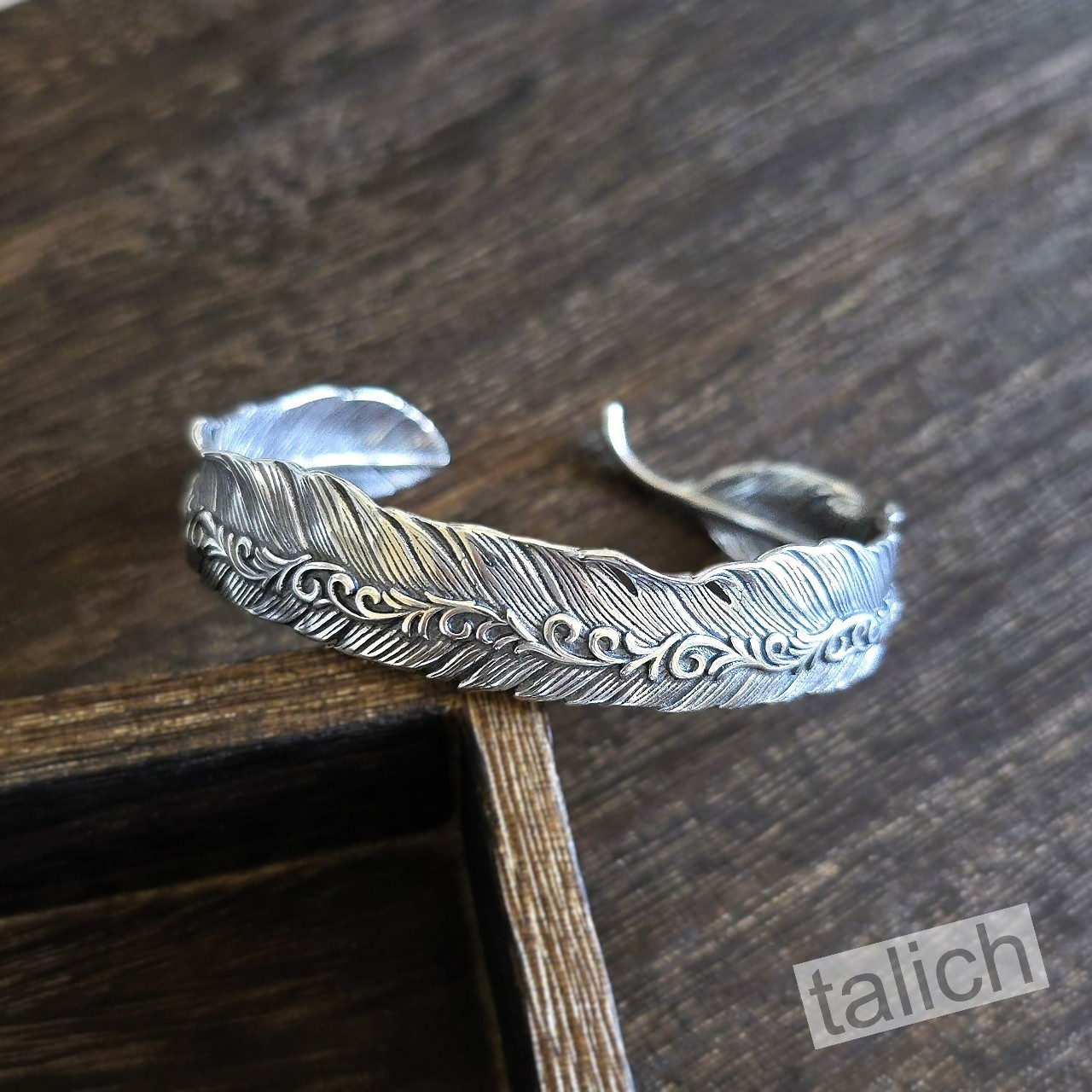 925 Sterling Silver Scroll Vine Detailed Feather Wrap Cuff Bracelet Adjustable