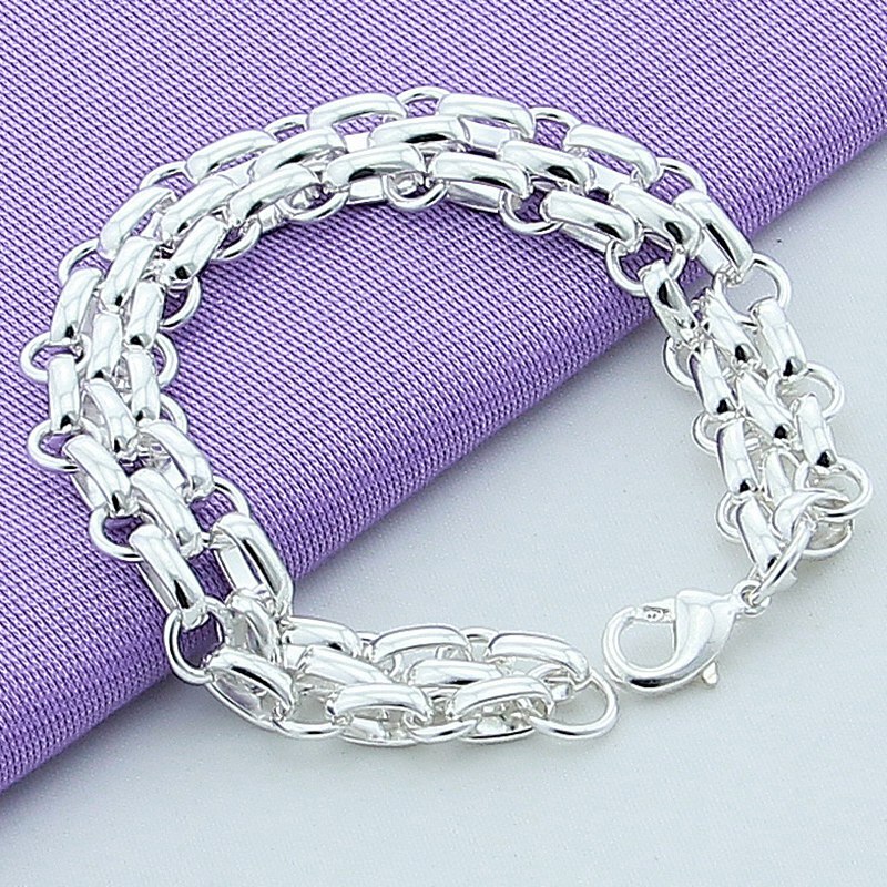 925 Sterling Silver Three Row Bracelet Chain Women Fashion Beautiful Jewelry