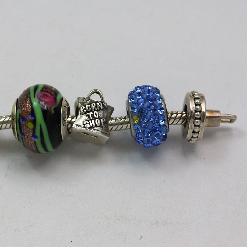 Sterling Silver 8 Inch Long Mixed Bead Rhinestone Glass Enamel Charm Bracelet