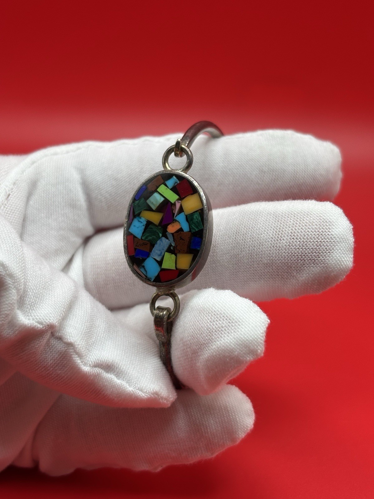 Vintage Mexico Sterling Silver 925 Mosaic Cuff Bracelet Inlaid Stones