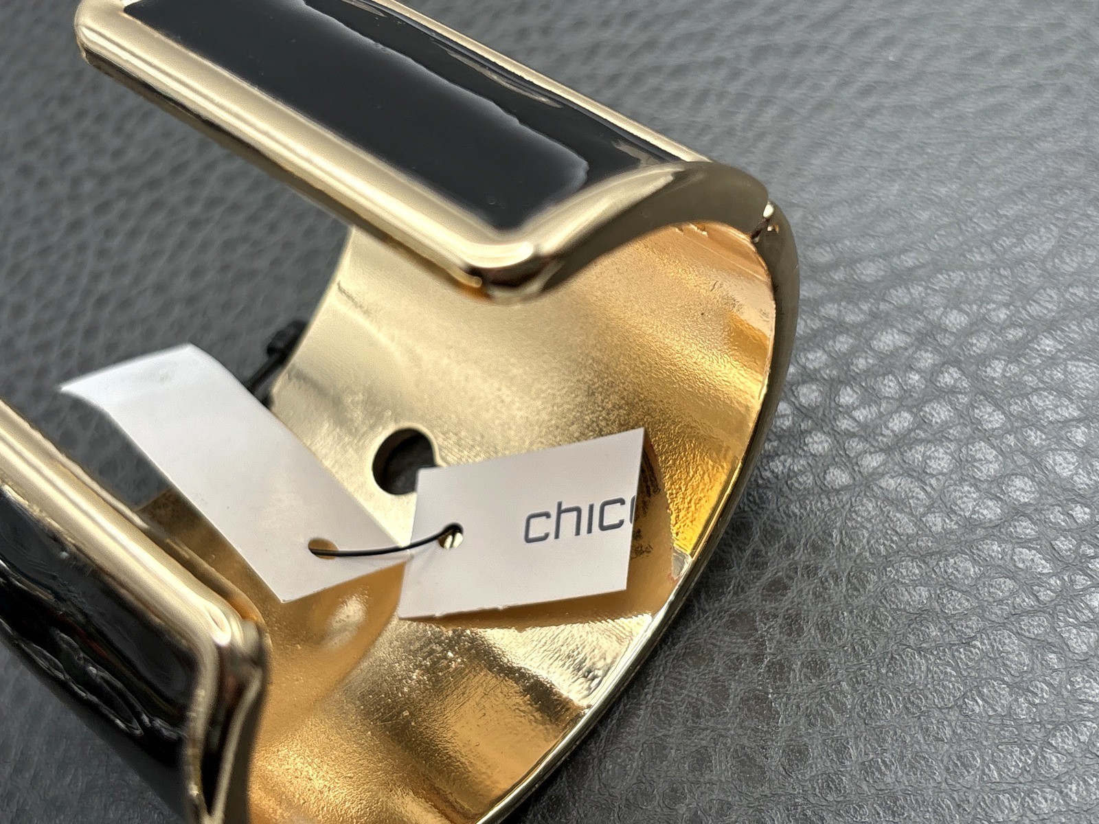 Chicos Black Enamel Gold Tone Cuff Bracelet Keyhole Key Hole Lock Wide Statement