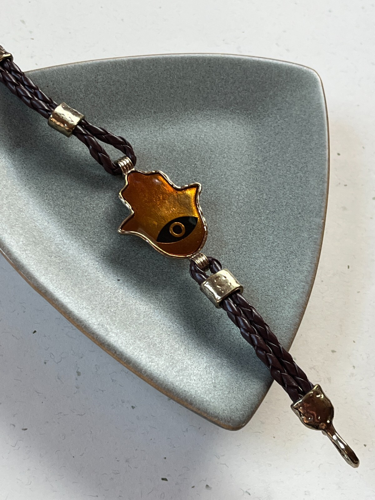 Double Strand Faux Brown Leather Cord w Large Bronze Enamel Hamsa Hand w EYE Bra