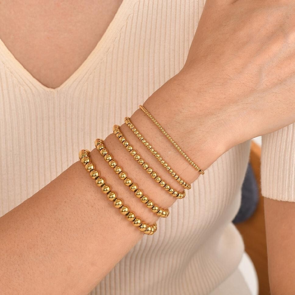 14K Gold Plated Stainless Steel Bracelet Bead Beaded Stretch Stacking 2-6mm T15