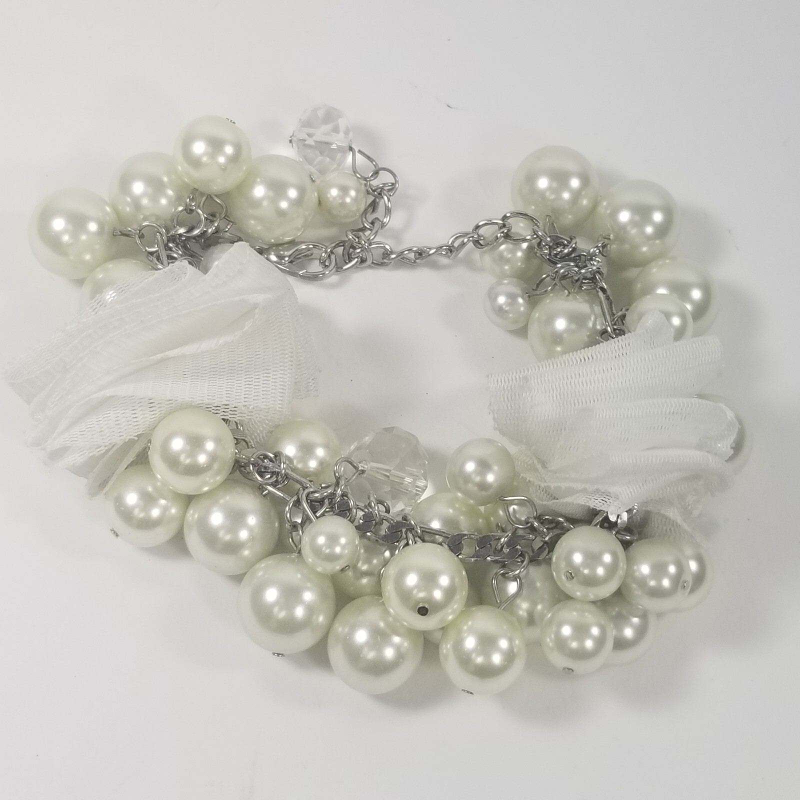 Silver Tone White Faux Pearl Cluster Chain Bracelet