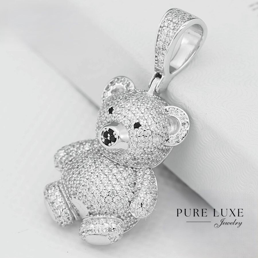 925 Sterling Silver 37mm Teddy Bear Hip Hop Icy Cubic Zirconia Charm*Unisex*BOX