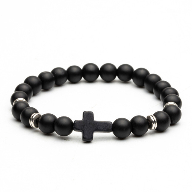 8mm Nature Stone Black Lava Stone Bead Cross Charm Bracelet Bangles For Men Male