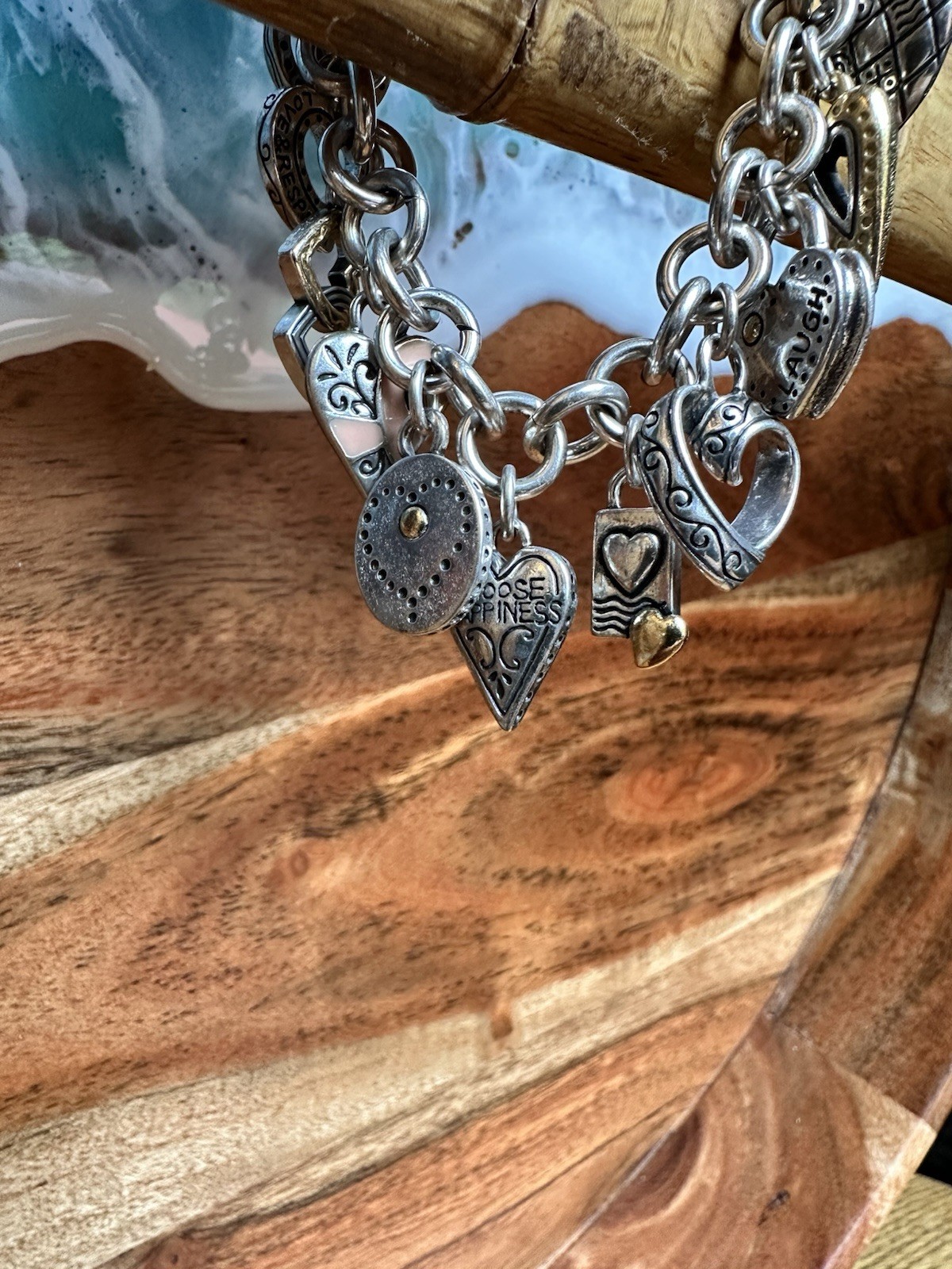 Brighton Silver Tone Oval Link Chain Heart Dangle Charm Bracelet Toggle