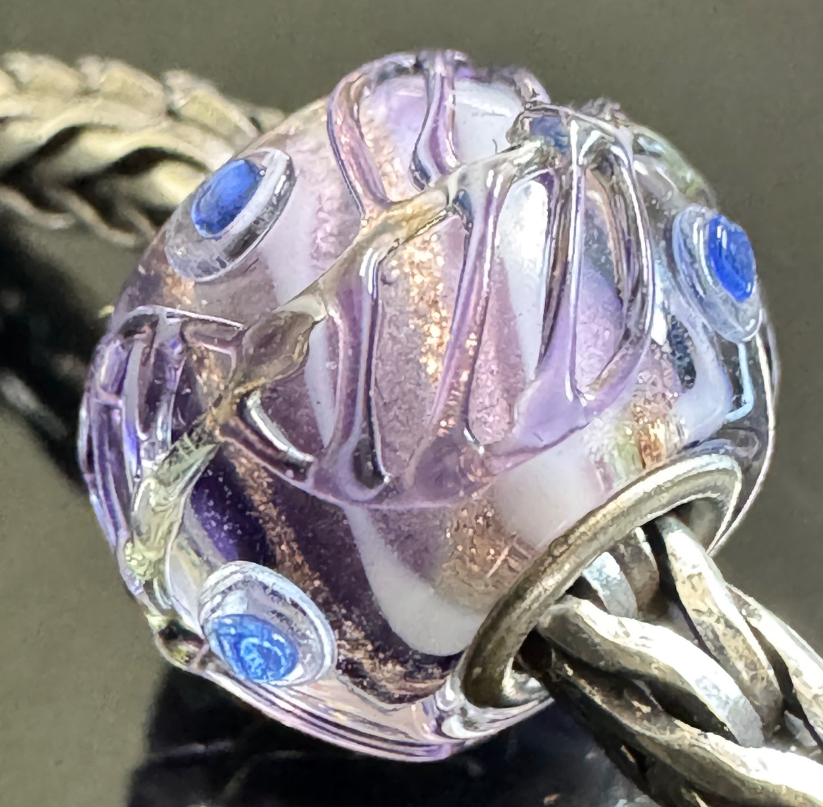 Trollbeads Sterling silver PURPLE BASE SPARKLY TEXTURED MINI BARREL
