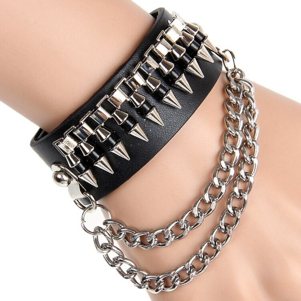 Leather Bracelet Punk Rock Wide Wrist Belt Wrap Unisex Cuff Wristband with Chain