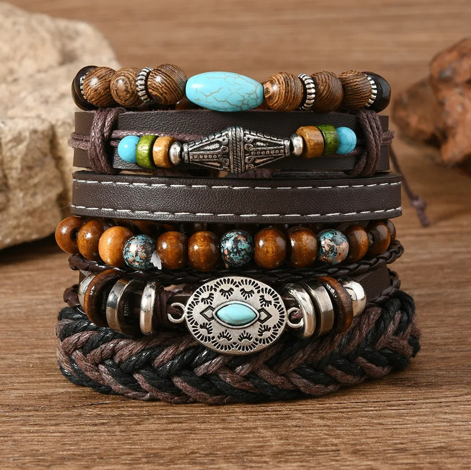 5-6pcs Bohemian Evil Eye & Feather Charm Bracelets Set – Adjustable Ethnic Jewel