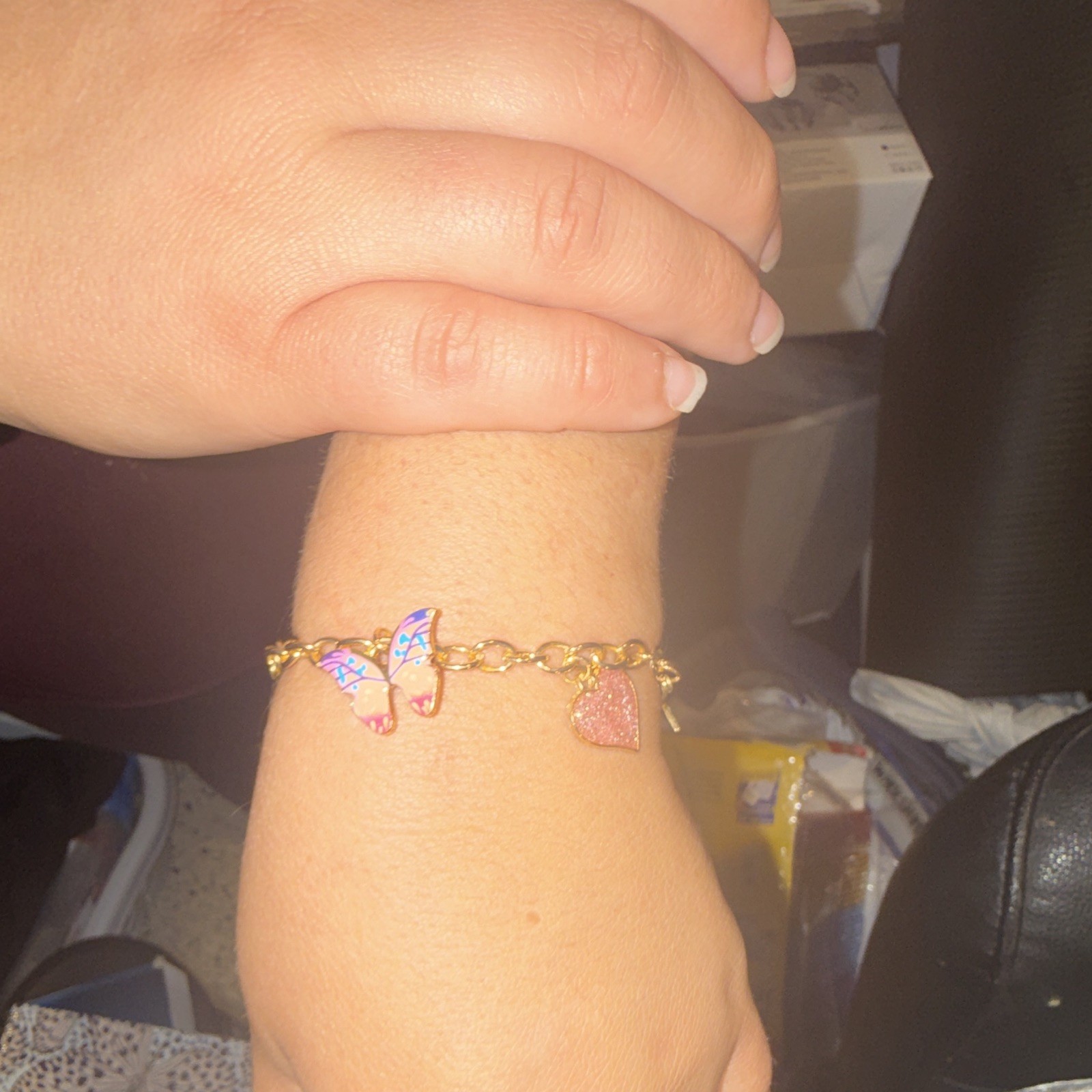 Gold Tone Oval Link Charm Bracelet Toggle, Pink Enamel Butterfly Heart Cross