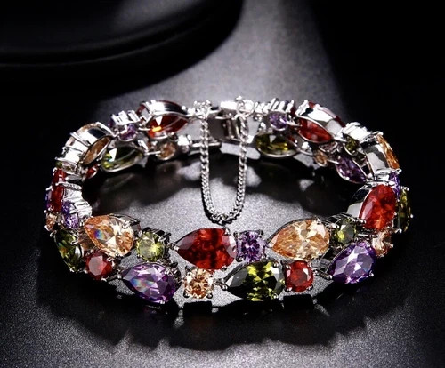 18k White Gold Filled Multicolor Tennis Bracelet Made Simulated Diamond 7.5 Inch