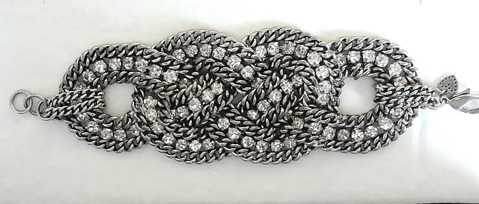 STELLA & DOT Petra Braided Chain Rhinestone Link Silver Tone Bracelet 7″ Beauty