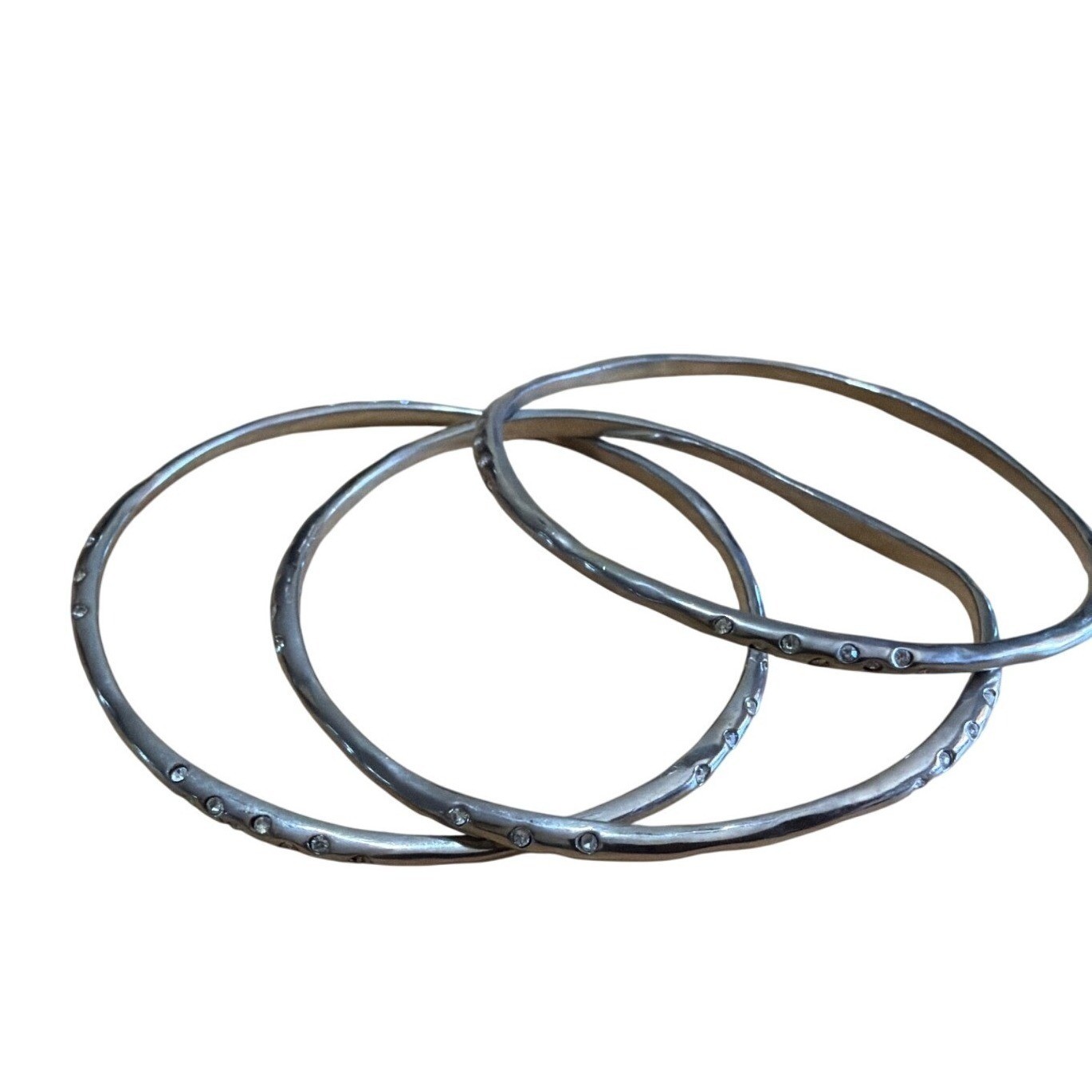 Set of 3 Silver Tone Rhinestone Accented Stacking Bangle Bracelets Stacking