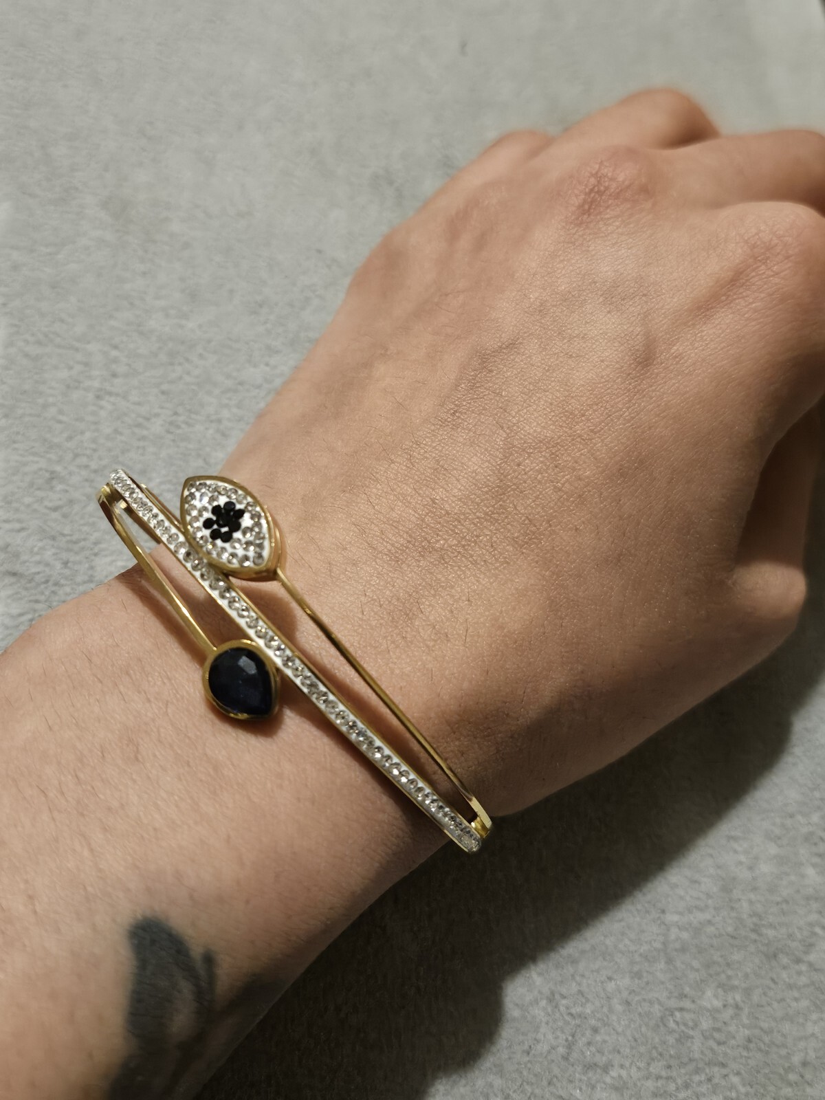 Beautiful Turkish Design Gold Plated Evil Eye Blue Crystals Bangle Bracelet