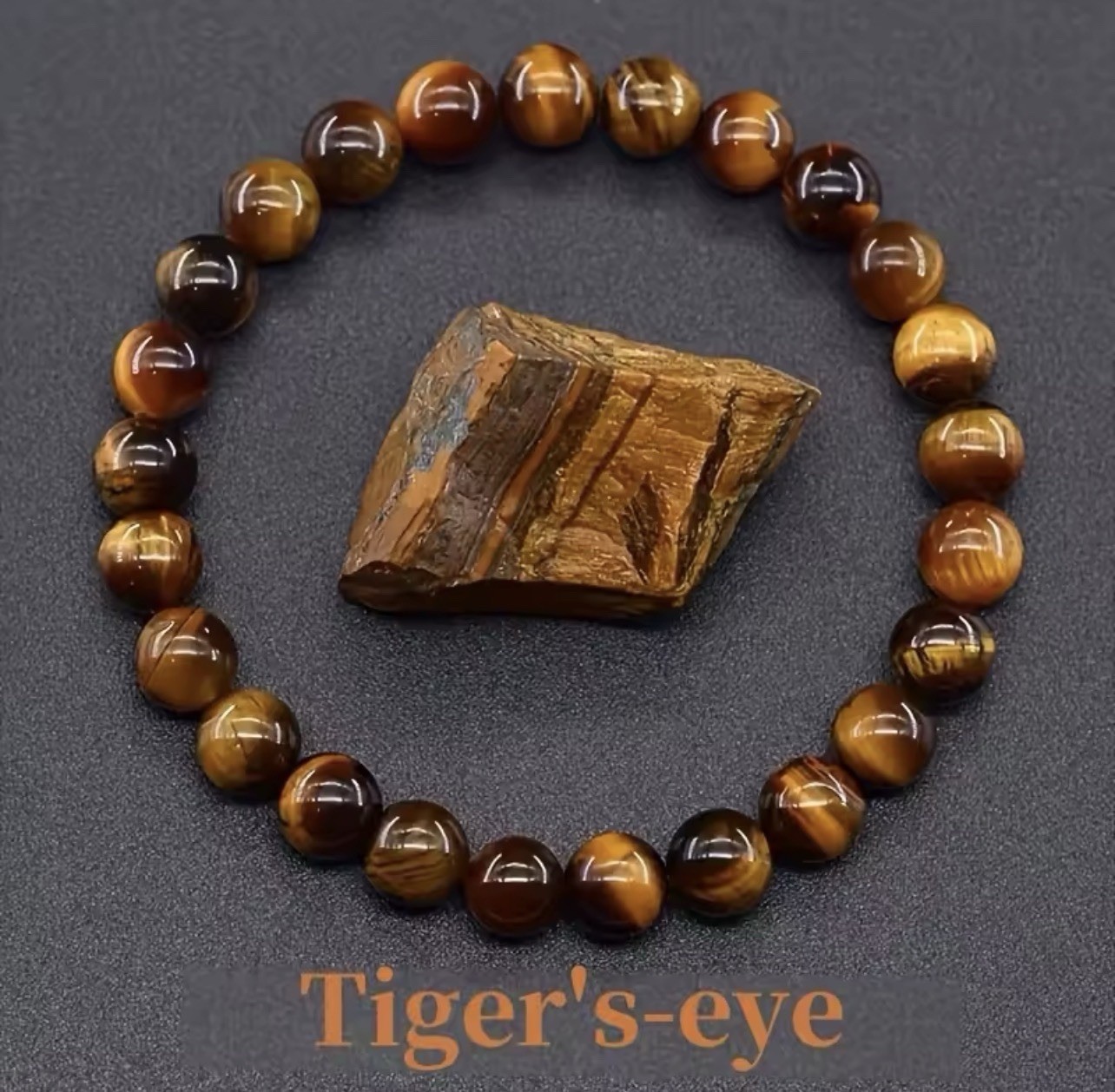 Beaded bracelet with natural Tiger’s Eye gemstone, brown/yellow, 8mm
