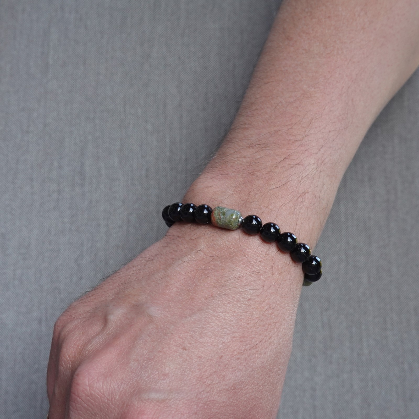 Black Onyx Unakite Beaded Bracelet, Natural Stone Unisex Gift, Protection Stone