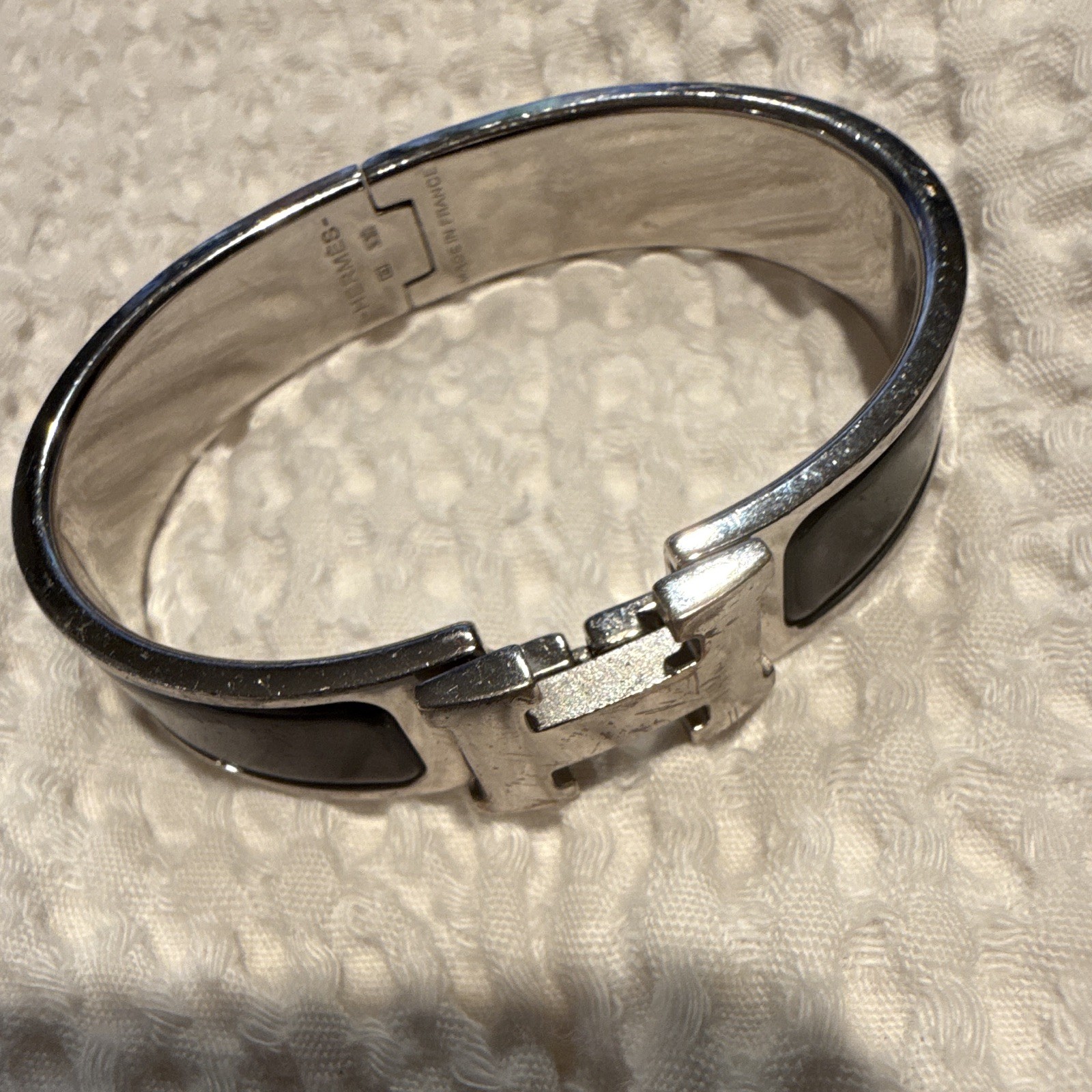 Hermès Signed Hinged Bangle Bracelet Silver Tone w/ Black Enamel Inlay France