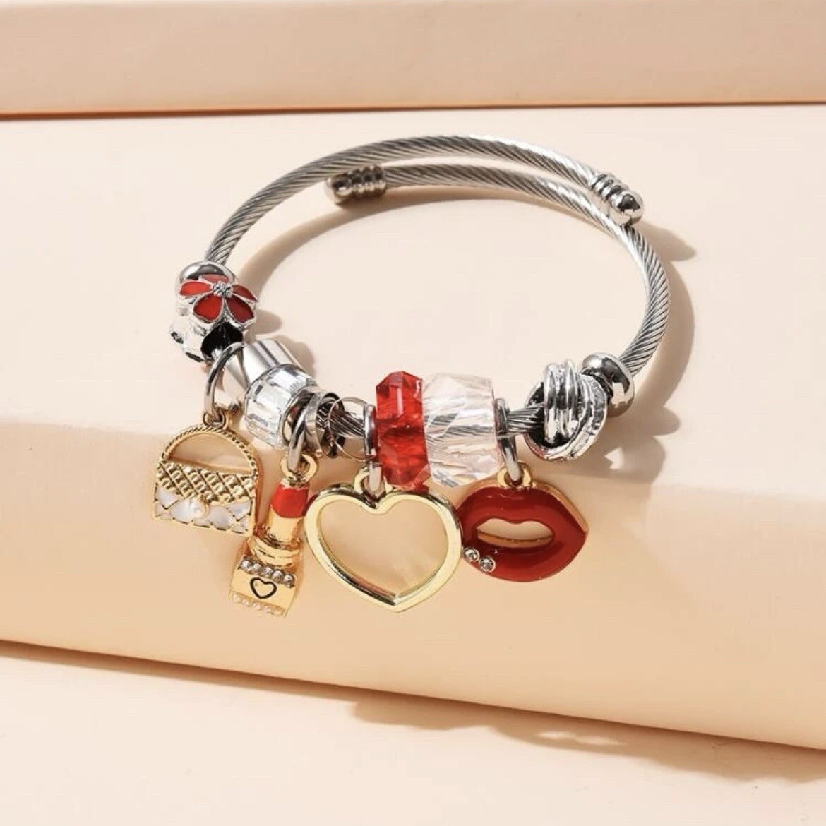Women Bracelet Silver Stainless Heart Red Lip Charms Birthday Anniversary Gift