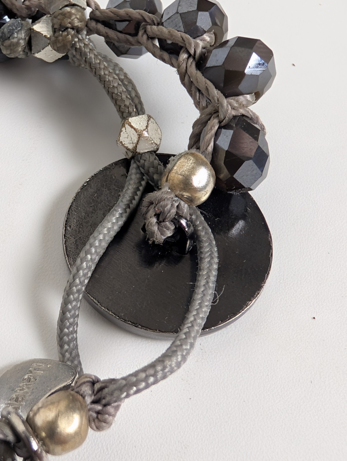 Chanel Button Logo Beaded Cord Bracelet Hematite Tone Gray IJewels Charm