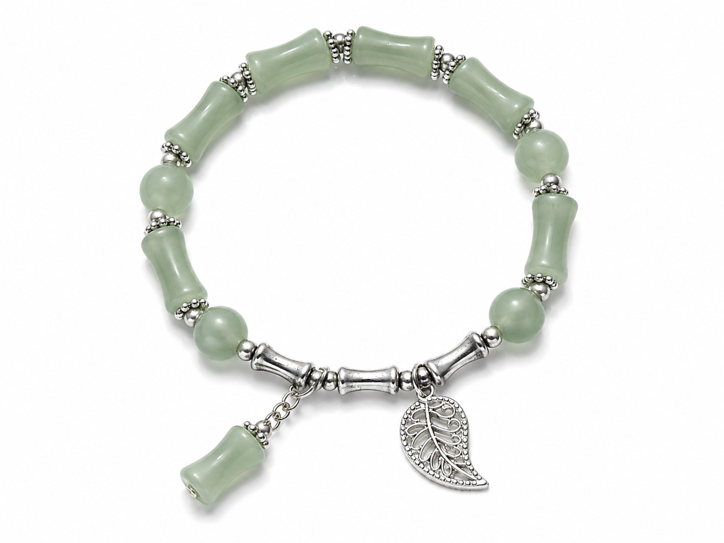Green Bamboo Glass Bead Stretch Bracelet Silver Leaf Charm Nature Gift