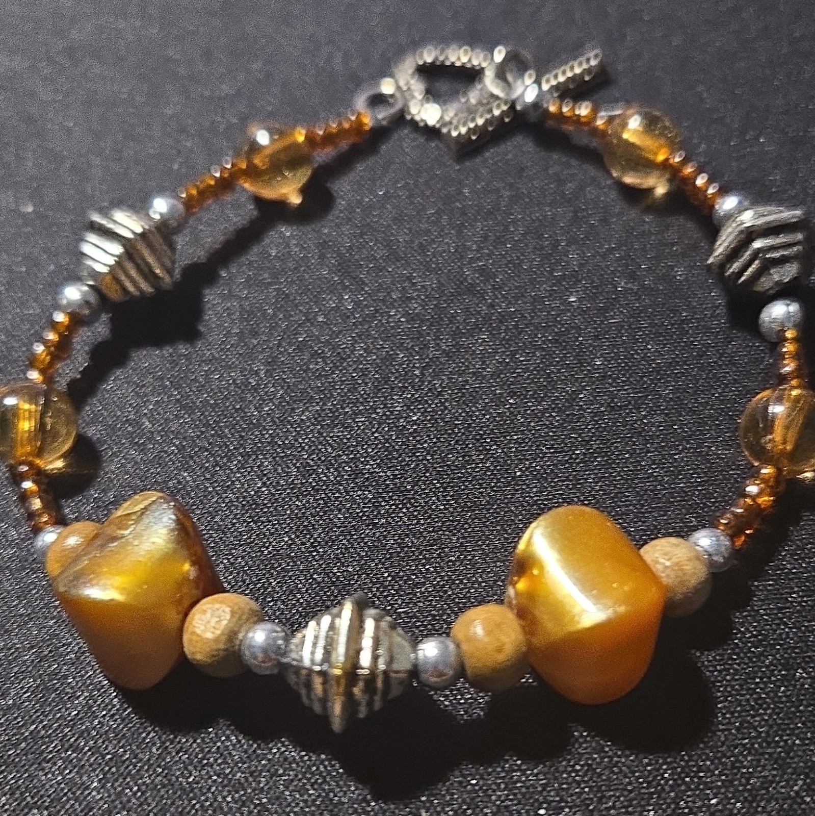 Silver Tone Beaded Charm Bracelet – Brown Chip Beads, Heart Dangle, Toggle