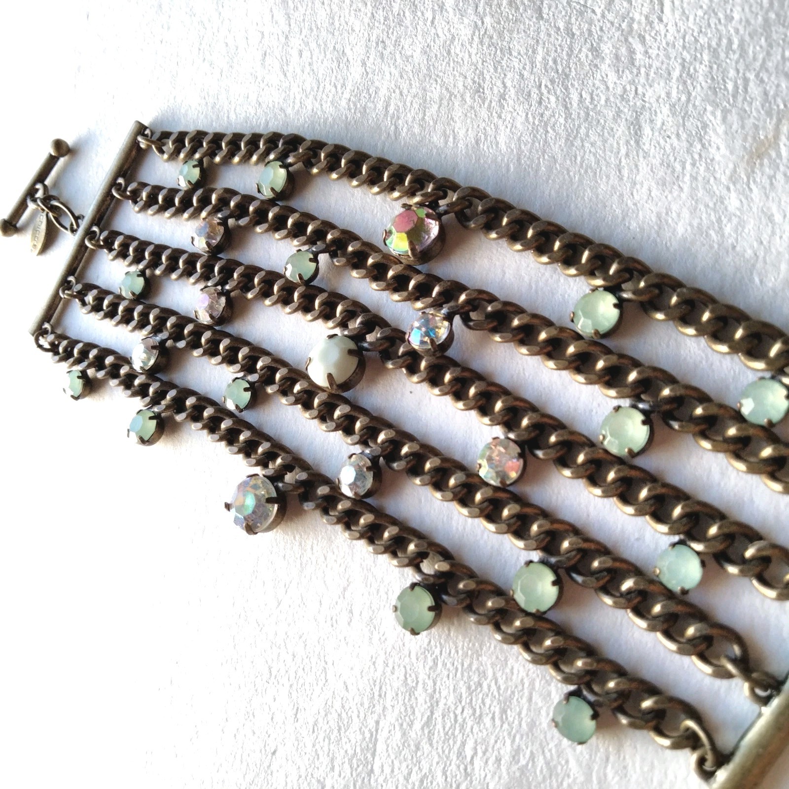 Chico’s Vtg Bronze Tone Green & AB Rhinestone 5 Strand Curb Chain Bracelet Sz 7