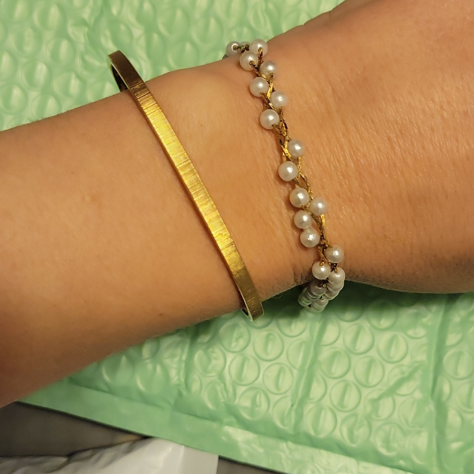 Monet Gold Metal Bangle & Napier Beaded Bracelet Round White Imitation Pearl