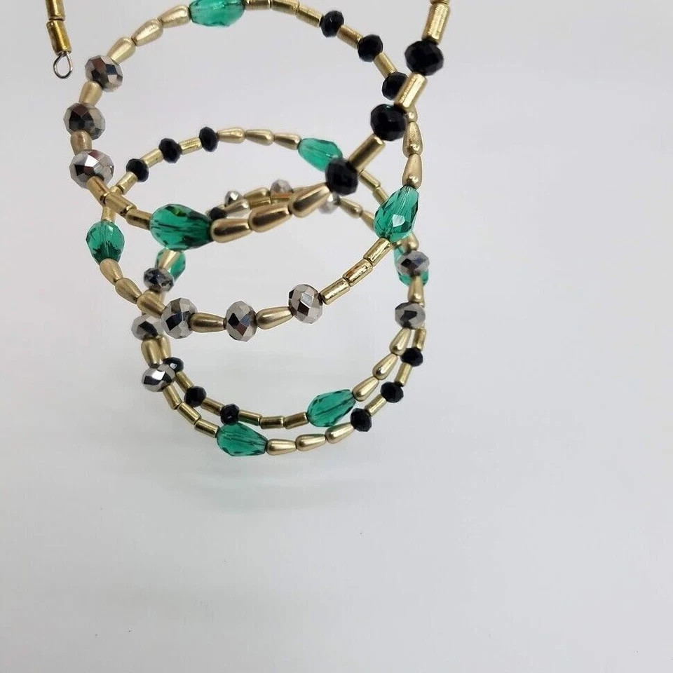 Fashion Beaded Memory Wire Coil Bracelet Green Black Gold Tone Multi Strand Wrap