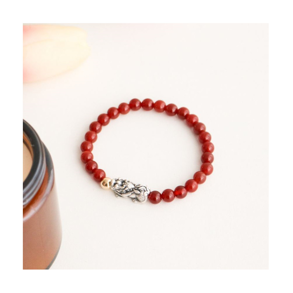 AAA Red Agate Pixiu Bracelet 6mm Gold Bead Natural Stone Lucky Gift Jewelry