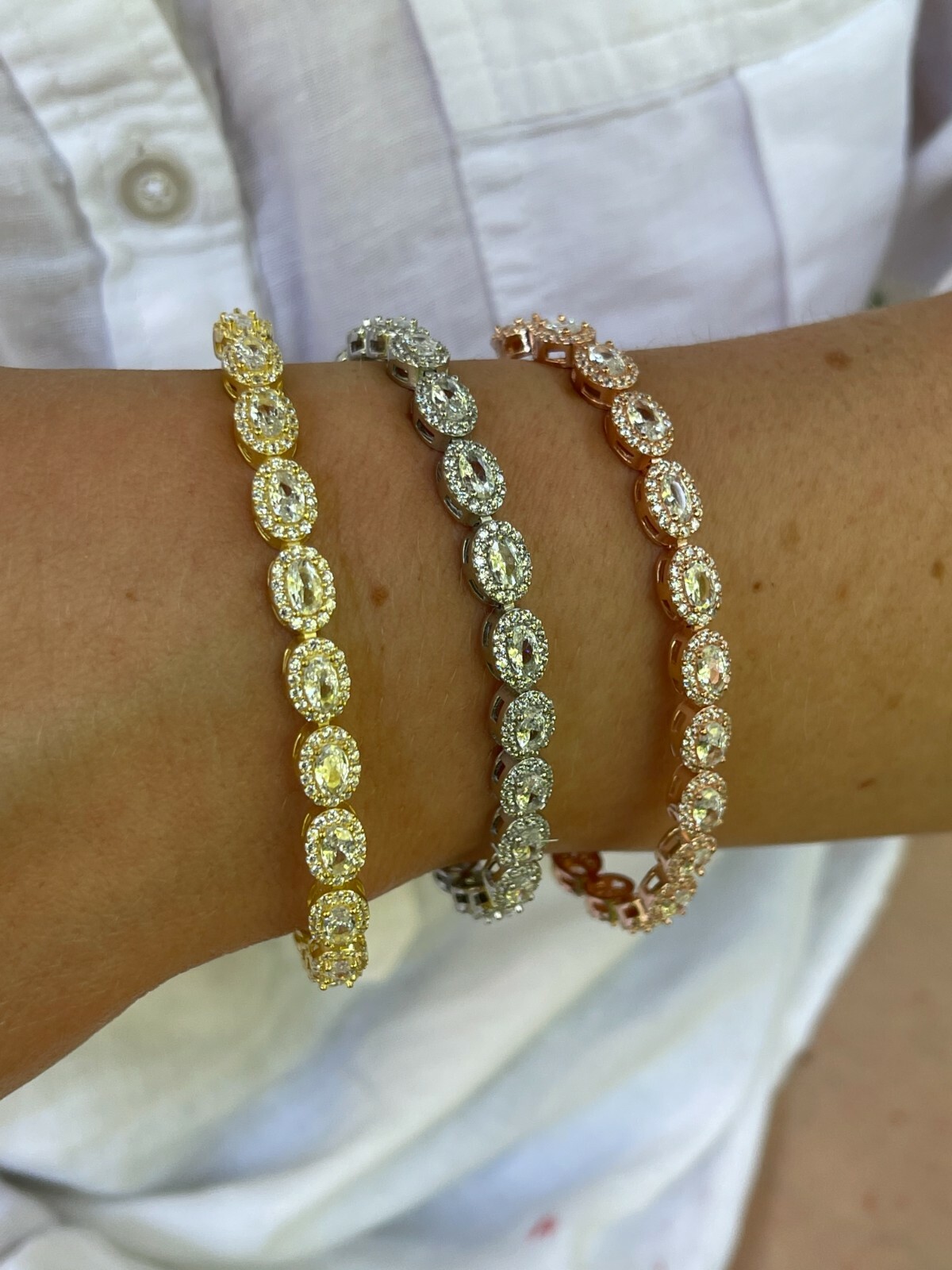 Real 925 Silver Yellow Rose Gold Plated Oval Tennis CZ Flower Ladies Bracelet