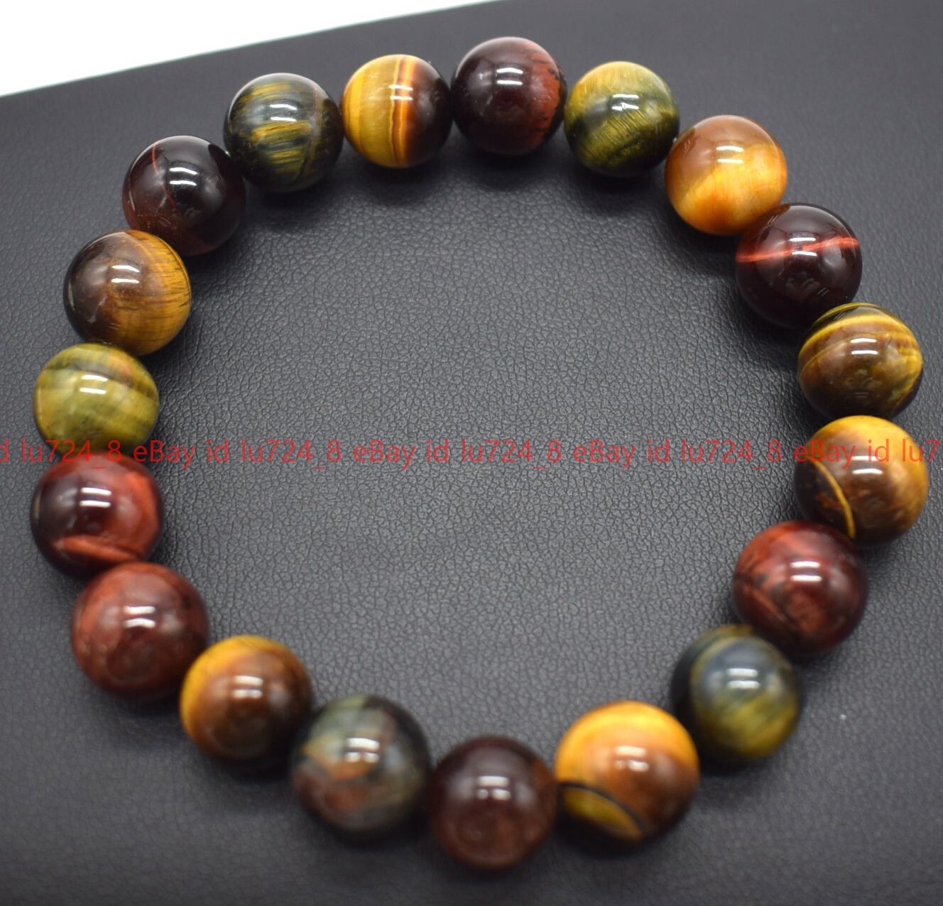 Natural 6-14mm Red Yellow Blue Tiger’s Eye Round Gem Beads Elastic Bracelet 7.5″