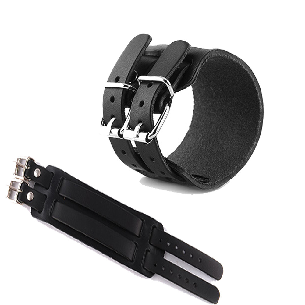 Double Buckle Leather Bracelet Punk Cuff Bangle Male Wristband Mens Jewelry US