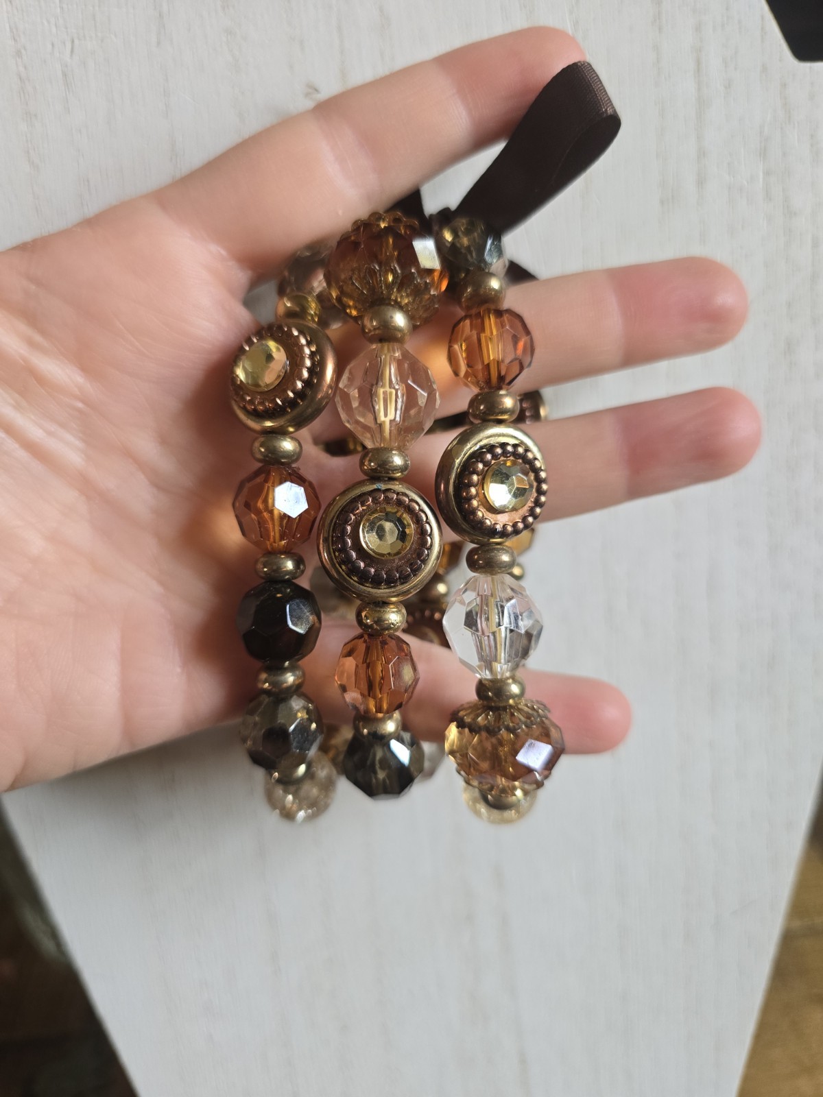 Set Of 3 Brown Amber Earth-tone Stretch Beaded Bracelet Fashion Jewelry